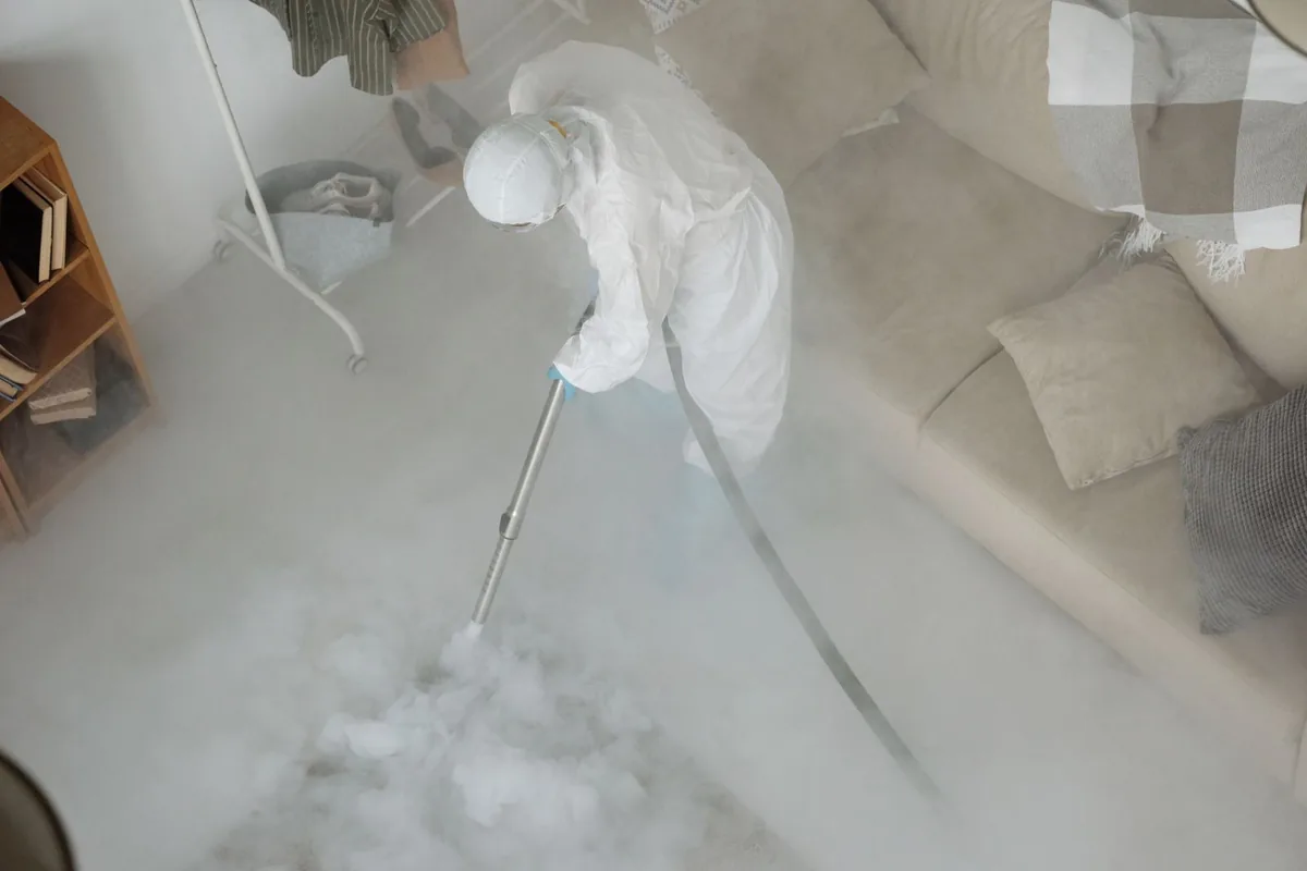 Biohazard cleanup technician in protective equipment, Ridgeland, SC